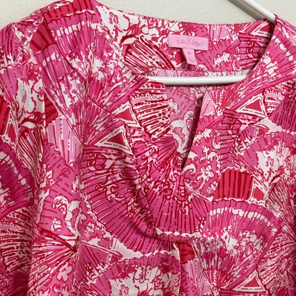 Lilly Pulitzer Womens Oversize XS 100% Silk Long Slv Top Pink Asian Fans Vibrant - Picture 2 of 7